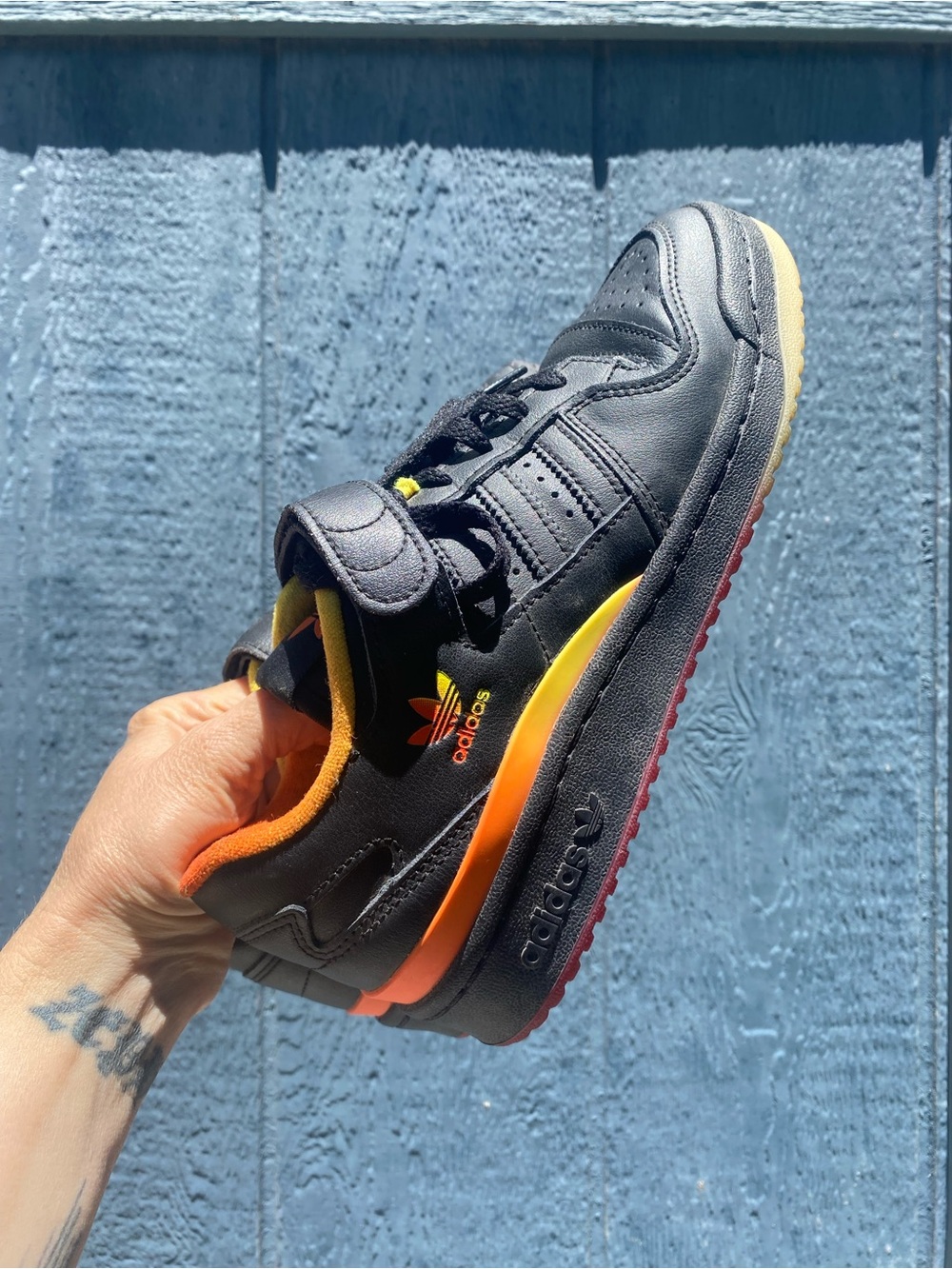 Adidas Forum Low Sneakers, black orange yellow ombre gradient, mens size 6
